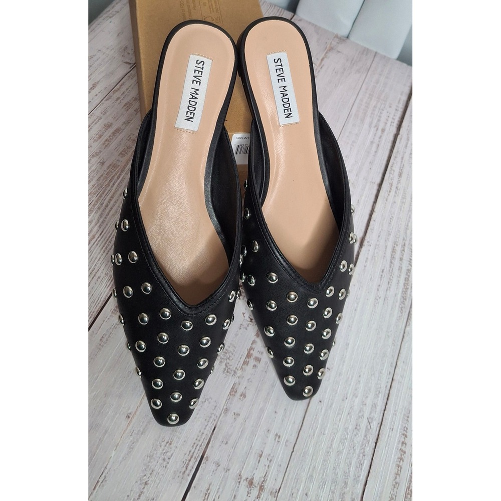 Steve Madden Marela Black Studded Pointed Toe Mules Flats Size 8.5 NEW*